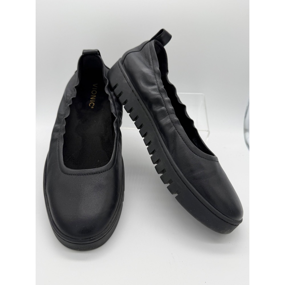 Vionic Uptown Ballet Loafer Womens 9 Black Leather Good Platform Lug Sole Flat